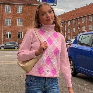 Argyle Geometric Knitted Sweet Pink Sweater Women Autumn Warm Turtleneck Long Sleeve Vintage Plaid Pullover Tops Jumpers 210510