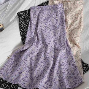 Floral Purple Print Ruffle Pleated Long Skirts Summer Women Korean Style Streetwear Drawstring Elastic Waist Midi Skirt 210721