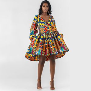 Kvinnor Afrikansk Ankara Skriv ut Kort Klänning Traditionell Casual Outfits Klädsel Fashion Puff Sleeve V Hals Afrika Mini Klänningar