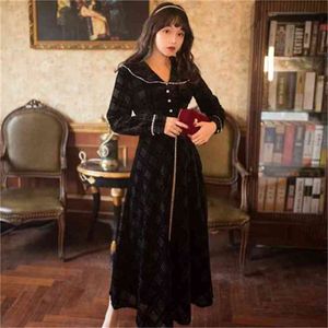 Spring Velvet Dress Woman V-neck Black Plaid high waist vintage maxi Dresses Female elegant vestidos autumn winter 210603