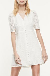 2021 Summer Fall Half Sleeve V Neck White Dress Solid Färg Bomull Broderi Knappar Enstaka Kvinnor Mode Klänningar G127001