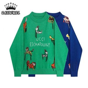여성 스웨터 가을 겨울 한국어 플러스 사이즈 패션 풀오버 니트 헐렁한 동물 편지 자수 탑 210922
