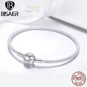 BISAER 925 Snake Chain Forever Love Round Clasp Women Bracelets Sterling Silver Jewelry Pulseira ECB105