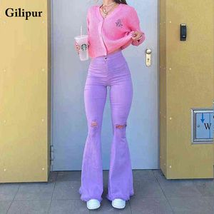 90s Y2K Calça jeans Flared Mulheres Cintura alta Moda Streetwear Roxo Stretch Mamãe Baggy Pants Legal Calças Rasgado Denim Calças 211129