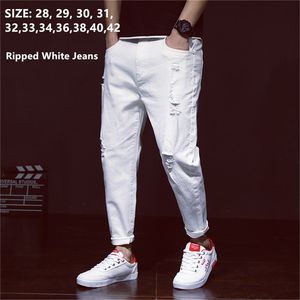 Белые джинсы мужчины разорвал гарем Жан джинсовые расстройные мужские брюки весна лето для человека плюс размер 38 40 42 большие ковбойские брюки 211008