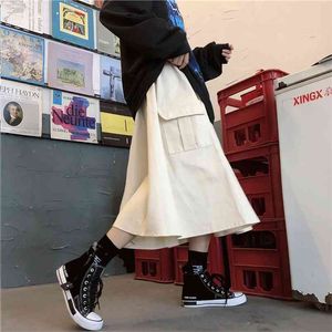 Spring Women Black White Casual Work Clothes Vintage A-line Long Skirts Big Pocket Relaxed High Waist Bf Boy 210430