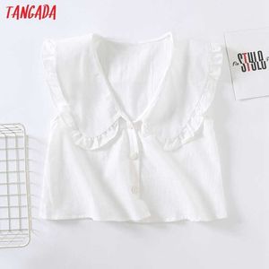 Tangada Women Retro Pearl Buttons Cotton Linen Romantic Blouse Shirt Sleeveless Chic Female Shirt Tops 6H68 210609
