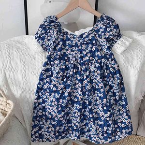 Children's Dress Fashion Korean Style Square Neck Puff Sleeve Temperament Summer Kids Clothes Girls Floral 210515