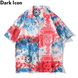 Kırmızı Kravat Boyama Bandana Hawaiian Gömlek Erkekler Yaz Sokak Moda Polo Gömlek Boy Erkek Gömlek 210603