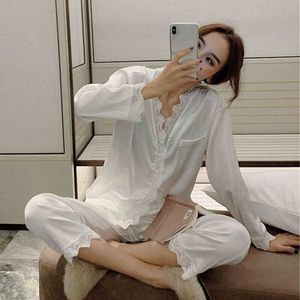 Kadınlar Için Sonbahar Pijama Set Seksi Rahat Gecelik Kadınlar Için Uzun Seyeve Tops + Pantolon Dantel Pijama Q0706