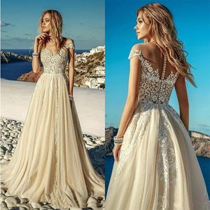 Abito da sposa Summer Beach Light Champagne 2022 Tulle Applicazioni di pizzo Abiti da sposa lunghi Robes de mari￩e Taglia personalizzata