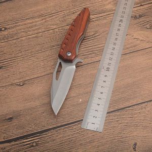 1 st toppkvalitet Flipper Folding Kniv D2 Satinblad Trä + Rostfritt stålplåt Handtag Kullager EDC Pocket Knvies