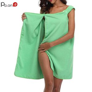 QuickDry Microfiber Beach Towel Wearable Bath Towels Robe Soft Button Wrap Skirt for Young Girl Women Absorbent Gown 210728