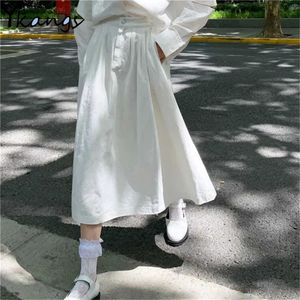 ミディロングプリーツスカート女性ファッション夏カジュアルシンプルなソリッドブラックホワイトAラインハイウエストスカート女性韓国風210619