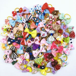 (100 pieces lot) Cute Ribbon Pet Grooming Accessories Handmade Small Dog Cat Hair Bows With Elastic Rubber Band 121 Colors