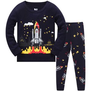 Sonbahar Bahar Pijama Bebek Erkek Roketleri Pijama Çocuklar Pamuk Uzun Kollu Moda Karikatür Pijama Giyim için 210529