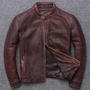 Vintage Echtlederjacke Herren Stehkragen Herren Motorradjacke Rindsleder Mäntel und Jacken Chaqueta De Los Hombres WPY2514