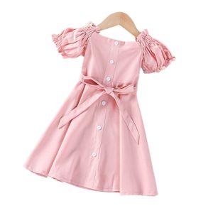 Yeni Toddler Kızlar Tatlı Elbise Pembe Katı Puf Kol Orta Uzunlukta Moda Yay Kemer Pileli Tekne Boyun Bandaj Prenses Elbise Q0716