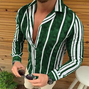 T-shirt da uomo Large Size Primavera Autunno Camicia da uomo Stripe Decor Monopetto Risvolto Manica lunga Traspirante Moda Casual Abbigliamento maschile