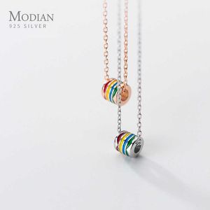 Modian Färgglada Rainbow Multi-Layer Round Pendant Halsband för Kvinnor Present Justerbar Sterling Silver 925 Halsband Fine Smycken 210619