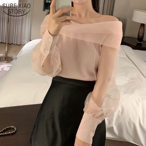 Slash Neck Long Sleeve Shirt Women Elegant Temperament Korean Chic Blouse See Through All-match Tops Blusas Mujer 13543 210508