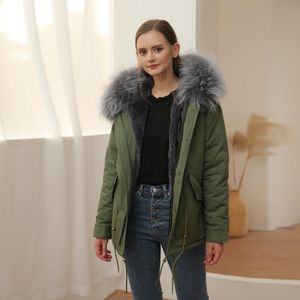 Damen-Parka mit Fellimitat, schrumpffrei, kräftig, mit Kapuze, graues Futter, kurzer Mantel für Damen