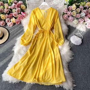 Senhoras Primavera Verão Vestido Casual V Pescoço Atadura Longa Comprimento Fada Sólida Lanterna Sleeve Cintura alta Mulheres 210520