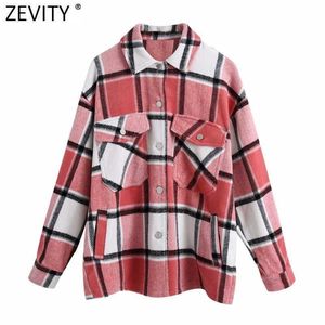 Zevity Женщины Pocket Patch Негабаритный клетчатый полосой куртка Пальто моды с длинным рукавом Свободная женская верхняя одежда Chic Tops CT612 210603