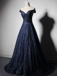 Elegant Navy Blue Aftonklänning Strapless Lace-up Back Shining Tulle Prom Crows