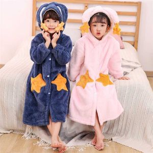 Barn Robe Flannel Bathrobe After Bath Girls Pyjamas Sleepwear Baby Boy Winter Hooded Robes Teen Pyjamas Varm Nattgott Home Wear 211023