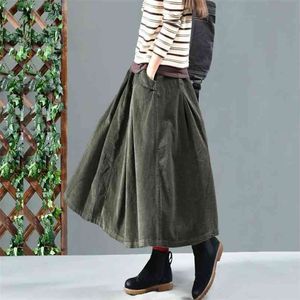 Spring Autumn Arts Style Women High Waist Loose Long Skirt All-matched Casual Cotton Corduroy A-line Femme Saias V173 210512
