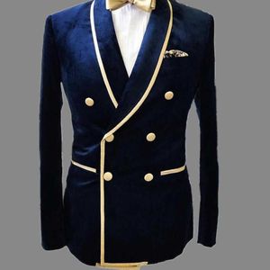 2 piece Navy Velvet Casual Men Suits with Double Breasted Slim fit Gold Tune Wedding Tuxedo Man Fashion Groom Clothes 2020 X0909