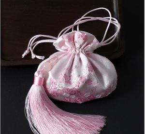 Luxury Flower Small Silk Brocade Jewelry Pouch Hanfu Bag Chinese style retro Sachet Tassel Drawstring Gift Packaging