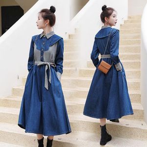 Casual Dresses Women Denim Dress Fashion Tide Elegant Sashes Cowboy Jeans High Street Striped Patchwork Lapel Shirt With Belt