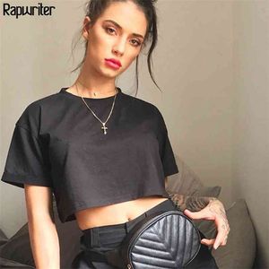 Rapwriter Casual Loose Solid Y2k Crop Tops Summer T-Shirt Women Heat O-Neck Short Sleeve Stretch Feminina 210623