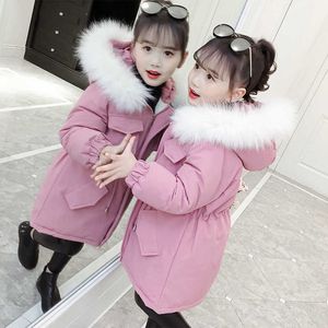 Winter Padded Windproof Parka Jacket For Girls Long Waist Coat With Large Fur Collar Children's Clothing Outerwear TZ902 H0909