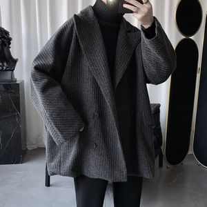 Winter Men's Loose Long Keep Warm Windbreaker Youth Lapel Collar Trench Woolen Coat Black Color Thicken Jackets Size S-2XL 210524