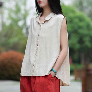 Johnature Women Sleeveless Cotton Linen Shirts And Tops Turn-down Collar Summer Button Female Clothes Soft Blouses 210521