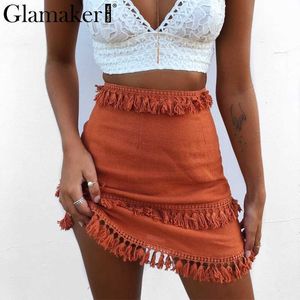 Glamaker Sexy Tassel Summer Mini Women Boho Linen knatted Bohemian Fiess Holiday Beach High Tkirt S916