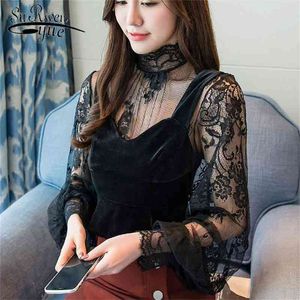 women blouses fashion spring hollow out sexy lace bottom top velvet blouse shirt black s tops 1450 45 210521