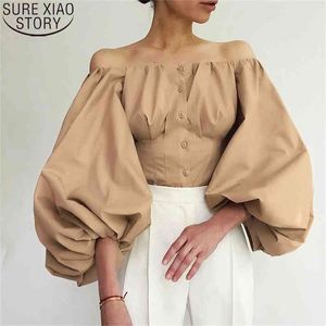 Women Cotton Blouse Fashion Off Shoulder Shirt Plus Size Loose Tops Lantern Sleeve Solid Blouses and Shirts Casual Blusas 13140 210506