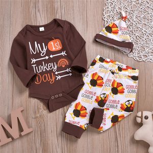Newborn Girl's Clothing Suits Baby Infant Children's Thanksgiving New Turkey Printed Cotton Long Sleeve Romper + Pants + Hat 3-piece Set
