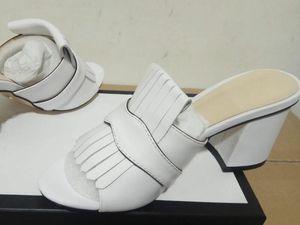 RealFine888 Tofflor 458051 5A Toppkvalitet Läder 7cm Mid-Heel Slide Sandaler För Kvinnor Storlek 35-42 Med Skor Box