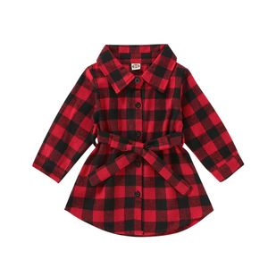 lioraitiin 1-5 anni bambino bambina autunno vestito rosso scozzese di cotone colletto trun-down abito a maniche lunghe autunno abbigliamento Q0716