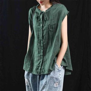 Summer Arts Style Women Sleeveless Tops All-matched Casual Solid Cotton Linen Vintage Loose White Top Plus Size M151 210512