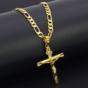 Luksusowo -Designer Kubański Naszyjnik Prawdziwy 10k żółty stały złoty Gf Jezus Cross Crucifix Charm Big wisiant 55*35 mm Figaro Chain Naszyjnik 24