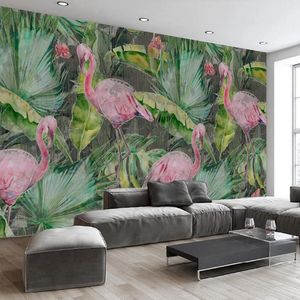 Papéis de parede personalizados 3d mural sudeste da Ásia Banana Folhas Flamingo Poster Pintura de parede Pintura de estilo europeu Raso de estar Decoração de casa Decoração de parede papel de parede