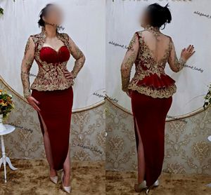 Burgundia Aso Ebi Suknie Wieczorowe Aplikacja Peplum Złota Koronka Karakou Algierie Z Długim Rękawem Prom Dress Robe de Soirée Mariage