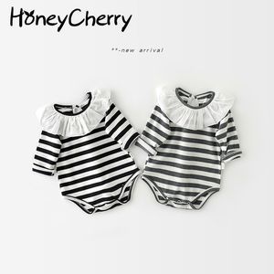 spring flounced collar long-sleeved striped baby Bodysuits girl clothes 210515