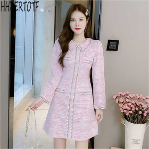 Outono inverno mulheres elegante tweed vestido doce vire para baixo colarinho comprido vestidos de manga 210531